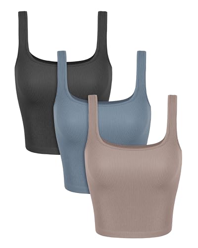 Image of ODODOS 3-Pack Seamless Square Neck Crop Tank for Women Ribbed Knit Soft Low Back Cropped Tops