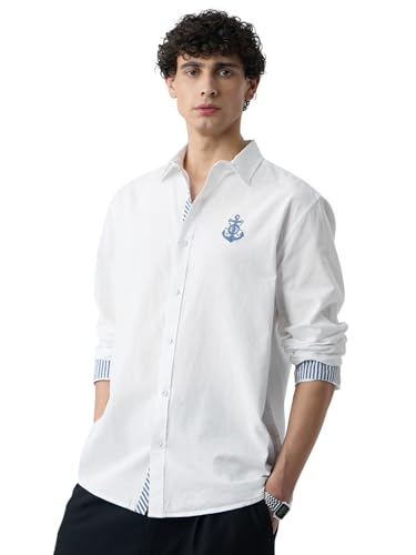 Image of The Souled Store Cotton Linen: Anchor Crest Men and Boys Long Sleeve Spread Collar White Embroidered Cotton Blend Regular Lightweight Easy to Style Everyday Office Wear Casual Shirt