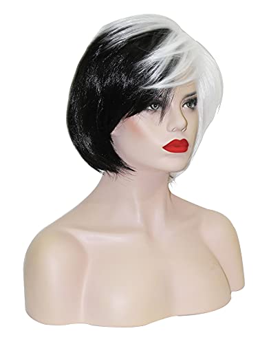 Anogol Hair Cap+Black White Bob Wigs Women's Two Tone Wig Short Wigs For Women Girls Men Boys Dress Up Wig For Anime Cartoon Costume Party Wig For Halloween Wig For Christmas Wig #TOP1