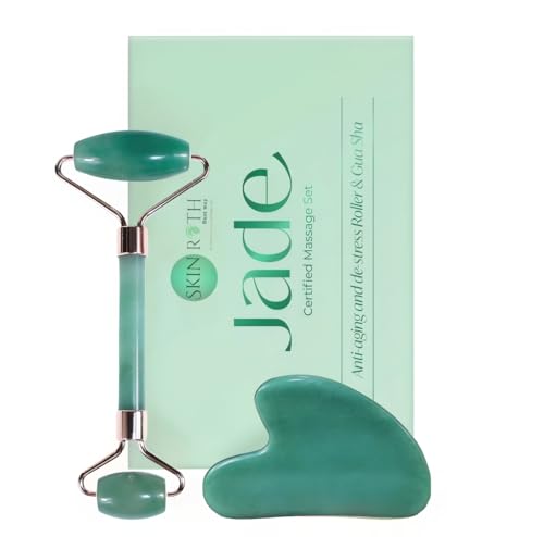 Image of Korean Jade Roller & Gua Sha Set | Anti-Aging Facial Roller | Original Guasha Stone From Korea | Beauty Massager For Slim V-Shape Face & Jawline Making Tool (Green)