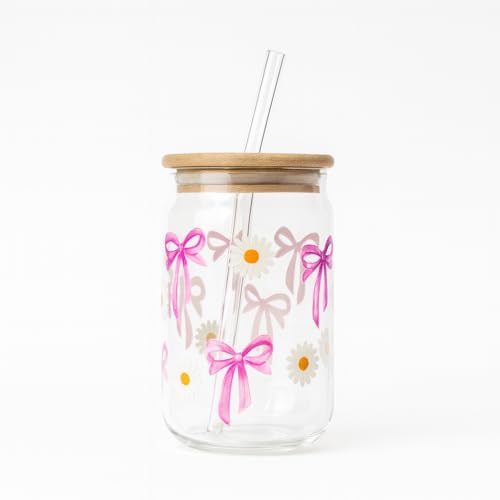 Image of THE UMBRELLA STORE Glass Tumbler Bamboo Lid and Straw, Coffee Tumbler, Reusable Glass (Bows and Daisies)