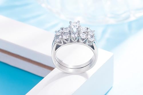 Round Sterling Silver Cubic Zirconia Ring, Platinum Plated Prong Set 10 Stone Ring, Stackable Round Engagement Ring, Cubic Zirconia Jewelry for Wedding, Anniversary, Birthday(US Size-7)2