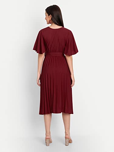 Image of KUDUZO Women's Crepe Long Pleated Below Knee Length Flutter Sleeve Round Neck S to XL Maxi Dress for Girls. (EG-U0IM-B9A1)