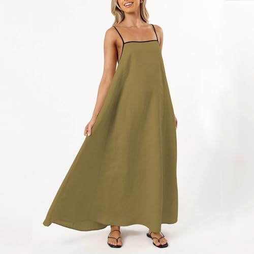 Image of Senllen Women's Linen Dress Summer Loose Flowy Sundress Contrast Spaghetti Strap Sleeveless Backless Beach Maxi Long Dresses