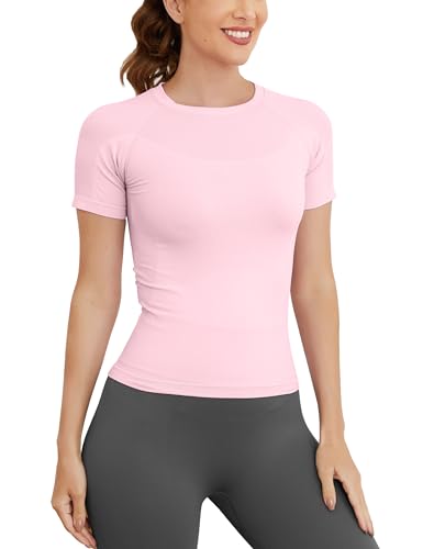 Image of MathCat Workout Shirts for Women, Workout Tops for Women Short Sleeve, Seamless Yoga Shirts, Breathable Athletic Gym Tops Slim Fit Pale Pink, X-Small
