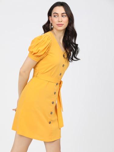 Image of Tokyo Talkies Women's Playful Mini A-Line Dress with Button-Front & Drawstring Sleeves