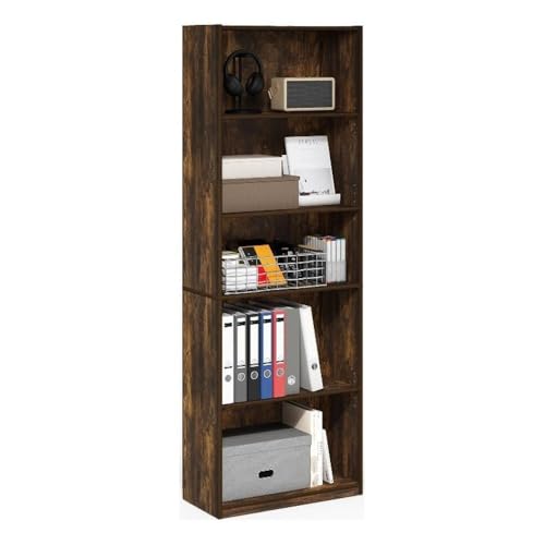 Image of Furinno GEHRY Book Shelf, 5-Tier Bookshelf, Bookcase, with Adjustable Shelves, 11.6 x 24.8 x 71.4, for Home Office, Living Room, Amber Oak