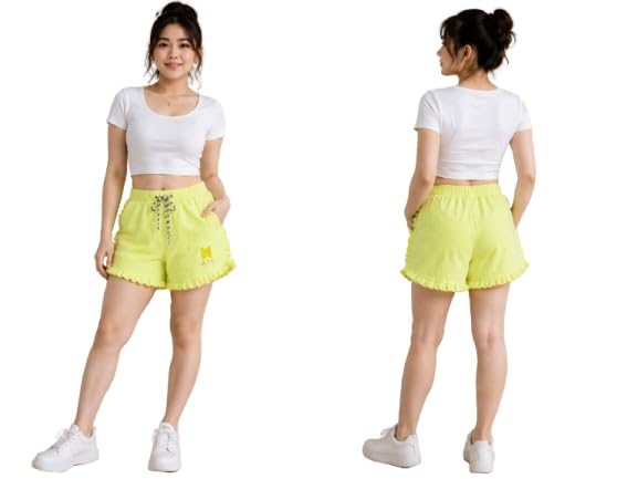 BTS Cotton Shorts for Women, Yellow, Ruffle Hem, Drawstring Waist, Casual Half Pant with Pockets-image-34