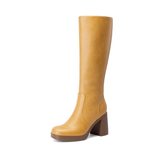 DREAM PAIRS Knee High Boots for Women Platform Square Toe Chunky Block Heeled Stylish Comfortable Tall Boots with Side Zipper 6 Yellow