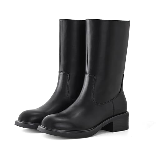 Shoe’N Tale Mid Calf Boots for Women Wide Calf Riding Boots Fit Chunky Block Heel design Fashion Round Toe comfatable low heel Slip on Style for Casual2