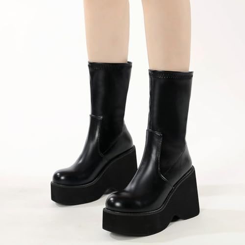 Black Platform Goth Boots Mid Calf Boots for women Wedge High Chunky Heel Combat Boots Back Zip Motorcycle Punk Boots3