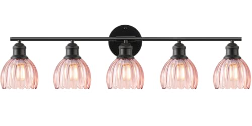 Image of Bathroom Light Fixtures, 5-Light Brushed Black Vanity Lights for Bathroom with Pink Tulip Glass Shade, 30 inch Vintage Bathroom Vanity Lighting Fixtures Over Mirror for Bedroom Living Room Hallway