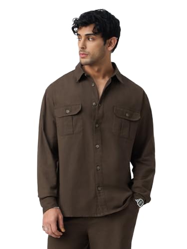 Image of The Souled Store Cotton Linen Utility: Mocha Men and Boys Long Sleeve Collared Neck Button Front Solid Cotton Linen Blend Oversized Shirts