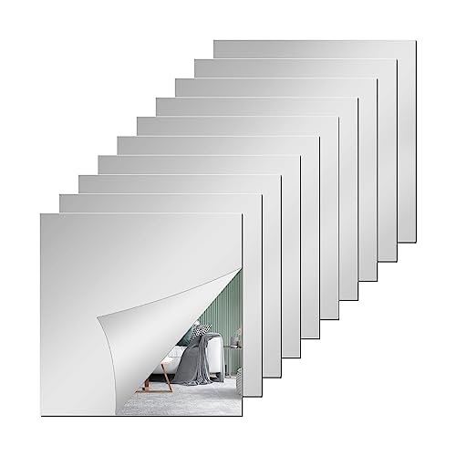 QEEYON 10 Pcs Flexible Mirror Sheets Self-Adhesive Mirrors 2mm Thickened Acrylic Mirror Full Length Wall Mirrors 15 x 15cm Plastic Mirror Tiles Non-Glass Mirror for Bathroom Bedroom Door etc