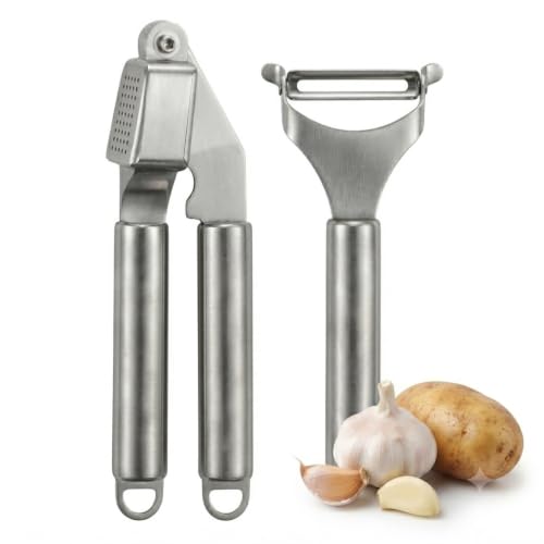 Prensa de Ajo Profesional + Pelador Verduras – Picador Ajos + Pelador Patatas - Tritura sin Esfuerzo en Segundos – Acero Inoxidable – Fácil Limpieza, Lavavajillas – Kit Cocina Rápida Recetario QR