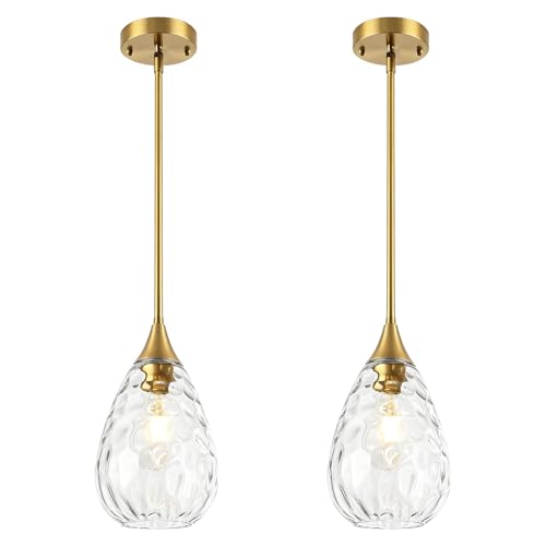 2 Pack Brushed Gold Pendant Lights Kitchen Island Hammered Glass Lighting