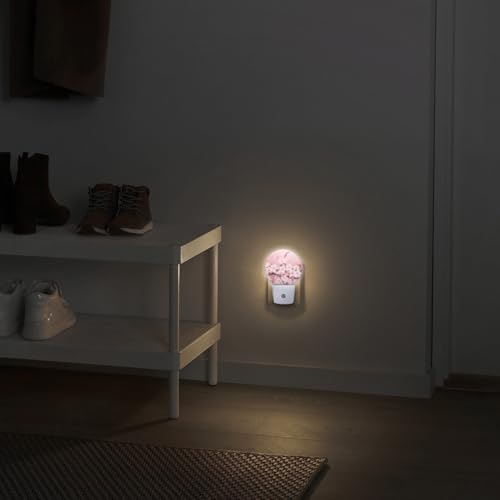 Image of Round LED Night Lights Lamp with Dusk to Dawn Sensor, Delicate Pink Background with Cherry Blossoms Night Light Plug Into Wall for Kids Room, Bedroom, Bathroom, Kitchen, Hallway