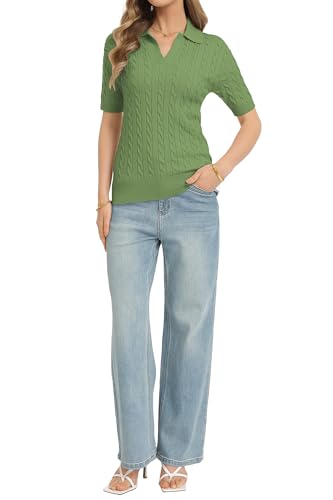 Image of QUALFORT Cable Knit Women's Short Sleeve Sweater Soft V Neck Polo Tops