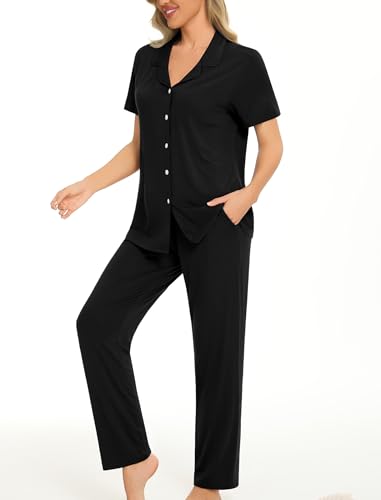 Image of SWOMOG Women Pajama Sets Two-Piece Nightwear Short Sleeve Sleepwear Button Down Pj Lounge Sets with Long Pants