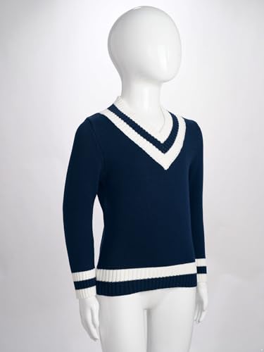 Linjinx Kids Boys Girls School Uniform Sweater V-Neck Long Sleeves Striped Trim Knitted Pullover Casual Solid Color Tops4