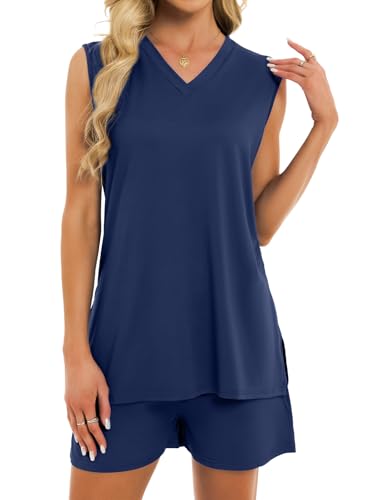 VUTRU Outfits For Womens Short Set 2 Piece Summer Matching V Neck Tank Top and Shorts with Pockets Lounge Beach Vacation Navy Blue XXL