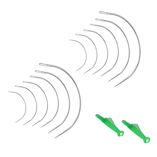 Conjunto de 14 Piezas Agujas Curvadas,12 Piezas Aguja Curva Tapiceria C Tipo, Agujas Coser Cuero, Incluye 2 Enhebrador para Máquinas de Coser, para Coser Reparar Alfombras Cuero Lona Tejer Peluca