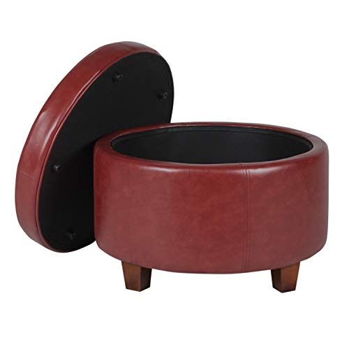 Homepop Round Leatherette Storage Ottoman With Lid, Cinnamon Red Large #TOP3
