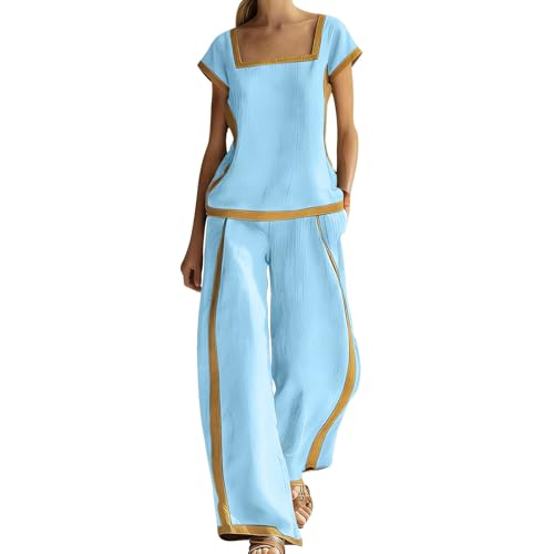 Conjunto de dos piezas para mujer con blusa de manga corta y pantalones de lino fluidos de verano