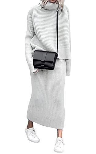 Image of ebossy Womens Ribbed Knit Sweater Outfits Casual Loose 2 Piece Turtleneck Pullovers Elastic Waist Maxi Skirt Sets