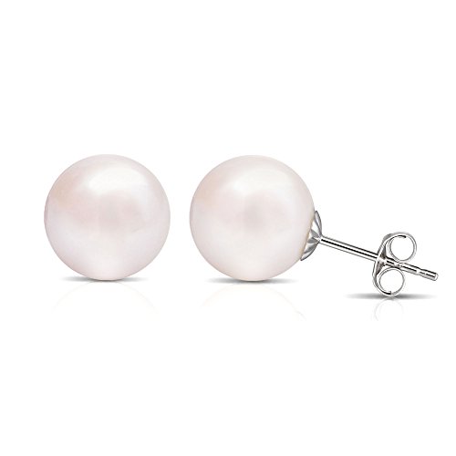 11mm Large Pearl Stud Earrings 14K White Gold Freshwater Cultured Pearl Round White AAA+ Quality Handpicked for Women By Lourve