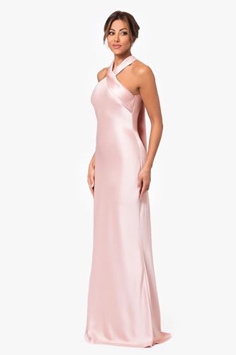 Image of Xscape Evenings Women's Long, Ruched Bodycon Low-Sheen Cross Front Halter Neck Evening Dress with Ruffle Detail