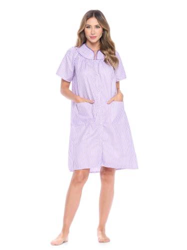 Image of Casual Nights Women's Snap - Front House Dress Short Sleeve Woven Housecoat Duster Lounger Robe with Pockets