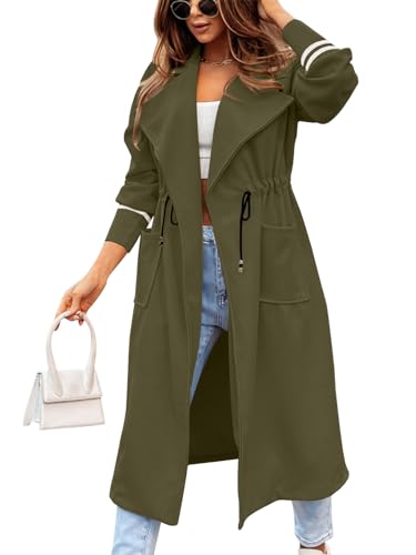 Fazortev Women Coat Pocket Casual Drawstring Waist Open Front Classic Lapel Overcoat