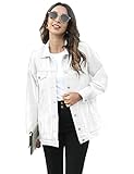 PUWEI Women's Oversized Denim Jacket Distressed Lapel Button Up Long Sleeve Jean Jacket with Pockets