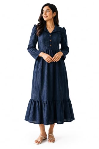 Image of Ayli Women's Textured Long Frock | Full Sleeve Maxi Frock | Tiered A-Line Dress for Casual, Office