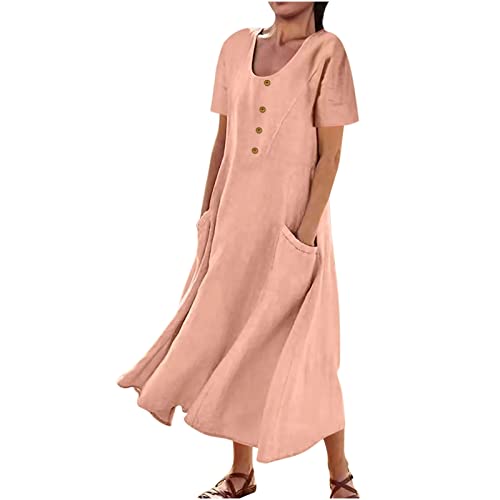 BFAFEN Vestidos de linho para mulheres 2024 simples, casual, rodado, manga curta, vestido midi evasê
