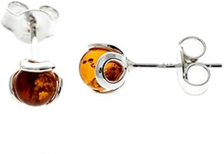 Baltic Cognac Amber Sterling Silver Small Stud Ball Art Deco Earrings