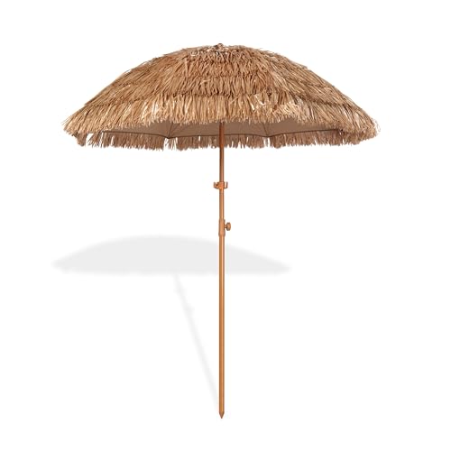Seazul 6.5ft Hula Tahtched Tiki Patio Umbrella, Beach Umbrella Hawaiian Style with Hanging Hook and Tilt Design, 8 Ribs with Carry Bag for Outdoor Tiki Bar, Tropical Palapa, Garden, Pool, Natural
