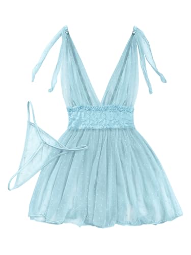 Image of Lilosy Sexy Polka Dots Mesh Sheer Lace Babydoll Chemise Lingerie Set Floral Sleep Wear