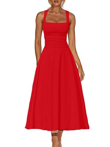 Image of Kaximil Women's Square Neck Corset A Line Maxi Dress Ruffle Ruched Waist Flowy Long Dresses