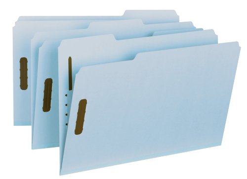 Smead 100% Recycled Pressboard Fastener File Folder, 2 Fasteners, 1/3-Cut Tab, 1" Expansion, Legal Size, Blue, 25 per Box (20000)