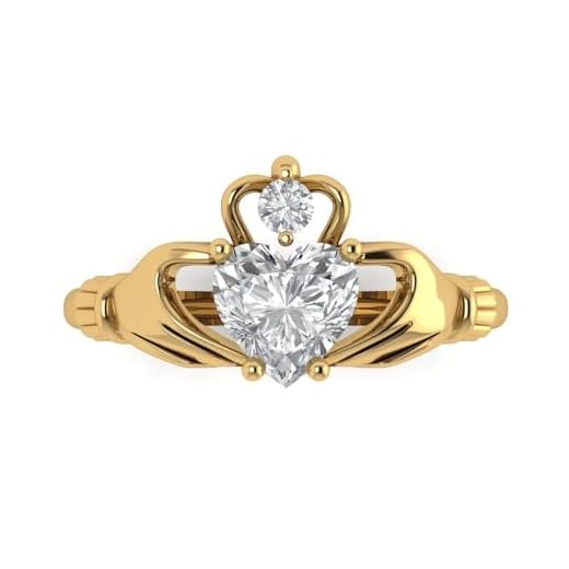 1.52ct Heart Cut Irish Celtic Claddagh Solitaire Accent Stunning Genuine Moissanite Ideal VVS1 D & Diamond Simulant Designer Modern Statement Ring 14k Yellow Gold Size 7