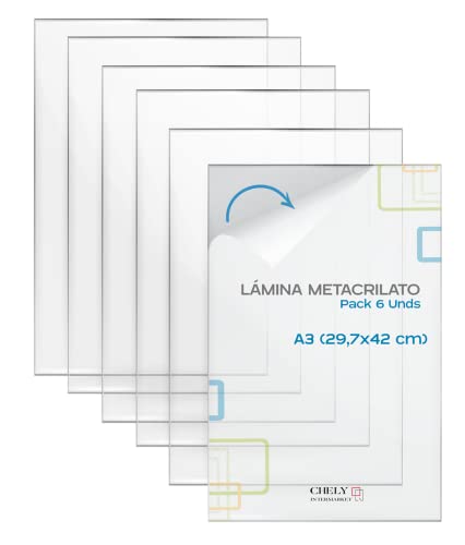 CHELY INTERMARKET Láminas Metacrilato A3 1.2 MM Pack 6 Unidades Plexiglass Transparente Resistente Para Manualidades Marcos Pantallas Protección Fotografías Cristal Acrílico Plástico Duro