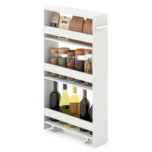 GIANTEX Carrito Auxiliar 4 Niveles, Carro de Almacenamiento Estrecho con 4 Estantes, Ruedas y Asa, Carro de Servicio Compacto para Cocina, Baño, Salón (Blanco, 47,5x13x80,5 cm)