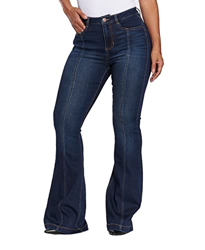 dollhouse Women's Dark Wash High Rise Curvy Flare with Front Seam Detail Zipper Fly and Button Closure