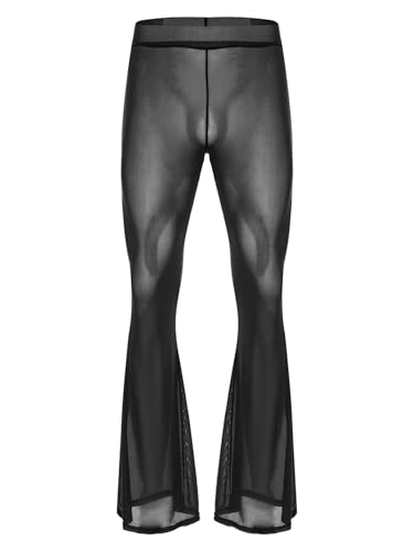 FEESHOW Men's Elastic Waist Sheer Pants Mesh Flared Bell Bottom High Waist Cover Up for Beach Club3