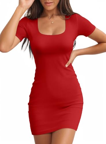 Image of Valiamcep Womens Summer Dresses Square Neck Short Sleeve Ribbed Knit Slim Fitted Basic Bodycon Mini Pencil Dress