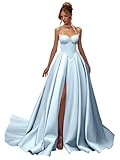 Ibpdea Satin Prom Dresses for Women Strapless Ball Gown Beaded Formal Evening Dress with Slit Light Blue Size 2