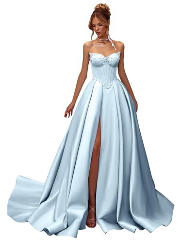 Ibpdea Satin Prom Dresses for Women Strapless Ball Gown Beaded Formal Evening Dress with Slit Light Blue Size 2