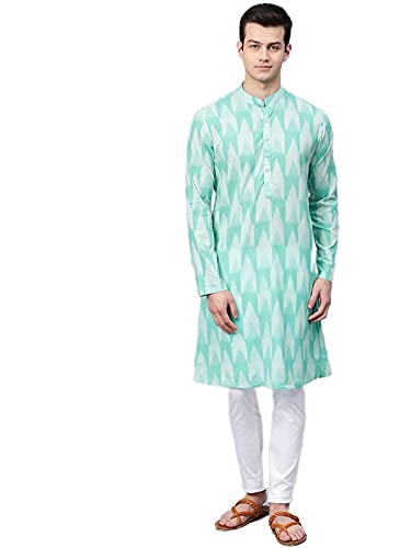 See Designs Men's Cotton Regular Fit Printed Straight Kurta (Turquoise Blue_L)